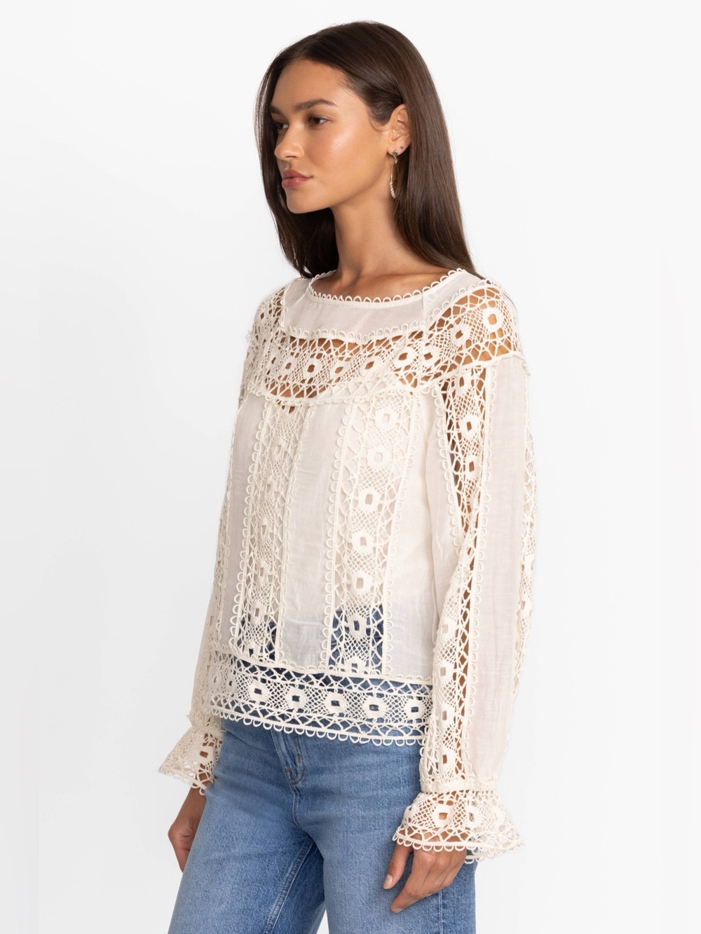 JADE JOHNNY WAS DANILA ECRU LACE BOHO CROCHET ROMANTIC LACE TOP BLOUSE SZ L - Picture 2 of 8